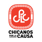 Chicanos por la Causa logo, with black text and red decorative seal