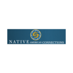 Native American Connections logo with white, blue, and gold decorations on gradient blue background